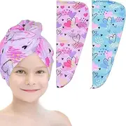 2 Pack Microfiber Hair Drying Towels Quick Dry Anti-frizz Head Turban with Button Wet Hair Towel Wrap Turban for Long Thick & Curly Kids Girls Women,Super Absorbent Soft (Pink & Blue Love)