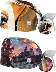 [YTYVAGT] 2-Pc,Nurse Scrub Caps,Scrub Hats with Buttons and Cotton Sweatband,Dog Beagle Cartoon Dog
