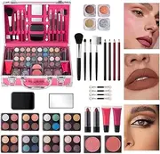 Teen Makeup Kit | Beauty Train Case with Beginner Cosmetic Set - Cosmetic Box with Brushes, Lipsticks, Eye Shadows Palette Blushes Glitter Gel for Holiday Birthday
