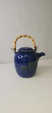 Vintage Colbalt Blue And Green Studio Pottery Teapot w/ Bamboo Handle