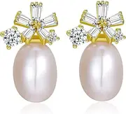[Frwiskp] Pearl stud Earrings, 18K Gold Plated 925 Sterling Silver posts, Handpicked Pink Freshwater Cultured Pearl Earrings with Cubic Zirconia, Hypoallergenic Jewelry, Gifts for Women and girls