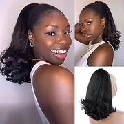 Straight drawstring ponytail extensions suitable for women with curved tails. Natural black ponytail synthesis (Black, One size)