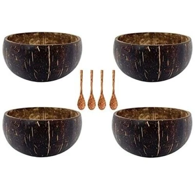 4 Coconut Shell Bowls Premium Bowls and Wooden Spoon Set for Serving a S