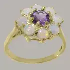 Solid 14k Yellow Gold Natural Amethyst & Opal Womens Cluster Ring- Sizes 4 to 12