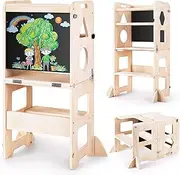 Woodure 4-in-1 Toddler Kitchen Step Stool, Foldable Learning Standing Tower with Blackboard, Wooden Kitchen Stool Helper for Kids, 1-3 Year Old Boy Girl Gifts