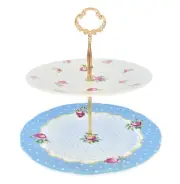 Luxurious Polka Blue Rose Decal Two Tier Cake / Fruit Stand ( Fine Bone China )