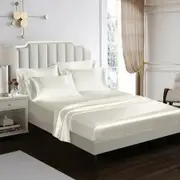 4 Piece Satin Bedding Sheet Pillowcase Sets Luxury Rich Silk Silky Super Soft Solid Color Reversible Stain-Resistant Wrinkle Free (White)