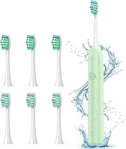 YteaTh Shcall Electric Toothbrush Sonic Toothbrush - One Charge for 180 Days Electric Toothbrush with 6 Replacement Brushes, 5 Cleaning Modes, Timer (Light Green)