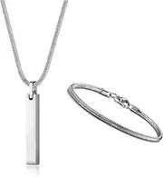 [Sanfenly] Men's Bar Pendant Necklace Stainless Steel Necklace and Bracelets for Men Women 3mm Snake Chain Necklace and Snake Chain Bracelet Set Length 55cm Silver/Black