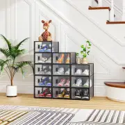 Black 12 Piece Stackable Shoe Storage Boxes Plastic Mesh Organization Solution