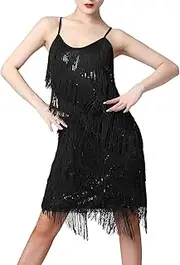 [FYMNSI] Women's Shiny Dresses with Tassel V-Neck Latin Dance Dress Fringe Dress Samba Tango Latin Salsa ChaCha Dress