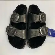 Birkenstock New w Box Arizona Big Buckle Fur Washed Metallic Antique Black Nar