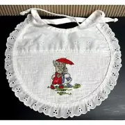 Vintage cross stitch Baby Bib rabbits in the rain under Umbrella! Peter Rabbit