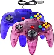 Hovlian 2 Pack Classic N64 Controller,Wired N64 64-bit Gamepad Joystick for N64 Console(Clear Blue and Clear Purple)