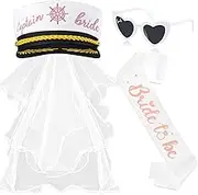4 Pcs Bachelorette Party Accessories for Bride Captain Hat with Veil, Bride Sash Sunglasses for Bridal Shower Wedding