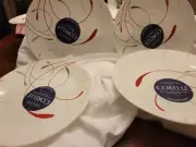 new Corelle Splendor DinnerPlates Set 8 Corning Red Gray Scrolls Dining Dishes