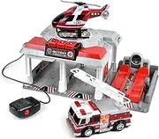 Fire and Rescue Garage – Lights and Sounds Toy Set for Kids | Working Intercom with Open and Close Parking Garage and Vehicle Lift | Playset Includes Helicopter and Fire Truck with Friction Motor
