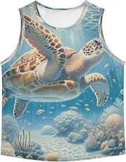 [RPLIFE] Sleeveless Tank Top Shirts for Boy, Active Quick Dry Tank Undershirt for Kids, Vintage Sea Turtle Art, 3-15 Y