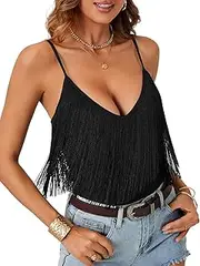 [LYANER] Women's Fringe Sleeveless Bodysuits Boho Tassel Body Suits Stretchy Cami Summer Leotards Tops