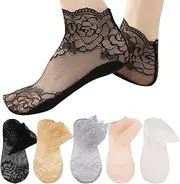 [Dress Cici] Lace Top Low Cut Socks for Women, Bottom Cotton Ankle Socks, Thin, Breathable, Lightweight Lace Sock (5 Pairs)