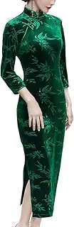 [Generic] Women's Traditional Chinese Cheongsam Flower Print Mandarin Collar 3/4 Sleeve Side Slit Qipao Outfit