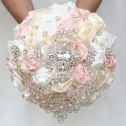 Peach Ivory Satin Rose Flower Bridal Bouquet Crystals Handmade Wedding Bouquets