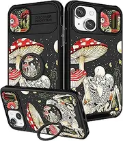 Pegmode (2in1 for iPhone 15 Case for Women Cute Skull Skeleton Girls Phone Cases Scary Gothic Fun Unique Design with Slide Camera Cover+Ring Holder Funny Fashion for Apple iPhone 15 Cover 6.1 inch
