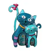 Mother Cat with Kitten Brooch Whimsy Teal Blue Enamel