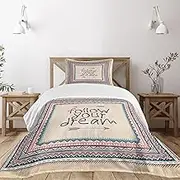 Ambesonne Tribal Bedspread, Inspirational Words Follow Your Dream and Arrows Aztec Framed Graphic Art Print, Decorative Quilted 2 Piece Coverlet Set with Pillow Sham, Twin Size, Tan Coral Blue