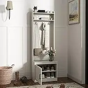 HOMCOM Narrow Hall Tree with Shoe Storage Bench, Rustic Entryway Bench with Coat Rack, Accent Coat Tree with Storage Shelves for Hallway, Mudroom, White Wood Grain