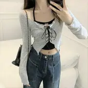 Set: Long-Sleeve Scoop Neck Plain Lace Up Crop Top + Halter Neck Plain Keyhole Crop Cami Top Set - Black & Gray - One Size