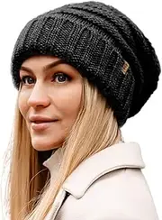 [TOP-EX] M/L/XL 100% Wool Slouch Beanie Women's Warm Winter Hat Knitted Hat with Fleece Lining, 95571_Black (Satin), One Size