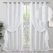 BGment White Blackout Curtains with Sheer Overlay, Double Layer Nursery Drapes Grommet Silver Printed Thermal Insulated Panels for Bedroom/Living/Kide Room, 2 Panels Each 52 x 84 Inch, Greyish White
