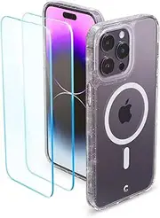 [CYRILL] by Spigen Shine Mag Case Designed for Apple iPhone 14 Pro Max (2022)(6.7-inch) Slim TPU Cover + Glass Screen Protector 2PCS - Clear Glitter