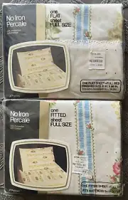 Pale Federal Blue & Floral No Iron Percale FITTED & FULL Sheet SET NOS JCPenny