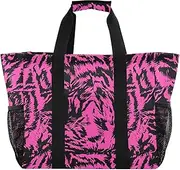 [sanluoli] Tote Bags Foldable Beach Bags With Pockets Canvas Carry Tote, Black and Pink Print, 1 size