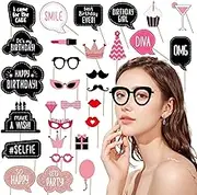 LAMCAN 30 Pack Photo Booth Props, Birthday Photo Booth Props Kit, Happy Birthday Party Souvenir Supplies Birthday Party Decoration Set, Suitable for Weddings, Proms, Discos, Rave Parties (Rose Gold)