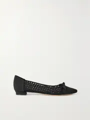 [Manolo Blahnik] Manolo Blahnik - Tiakala Lace-trimmed Mesh And Crepe De Chine Ballet Flats - Black - IT41.5 IT 41.5 Black