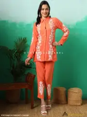 Handmade Orange Rayon Chikankari Co-ord Set Ethnic Shirt Pant for Women