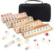 Elanbells 2-4 Players Rummy Cube Board Games Set with 4 Wooden Racks, 106 Tiles, Portable Case and Dice, for Family Friends Games Night Gifts Travel Party Games Sharpens Brain Game