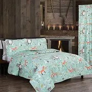2-Piece Woodland Creatures Twin Quilt Kids All Seasons Coverlet Bedding Set with Sham, Deer Fox Bear Leaves, Brown Orange Teal