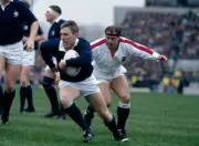 Gary Armstrong of Scotland moves away from Brian Moore of Engl- Old Rugby Photo