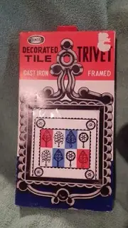 Vintage Holmar Decorated Tile Trivet, Cast Iron, Framed, New In Box
