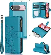 [Asuwish] Phone Case for Google Pixel 9/9 Pro 5G Wallet Cell Cover with Tempered Glass Screen Protector Wrist Strap Flower Flip Zipper Card Holder Slot Stand Pixel9 9Pro Nine Women Girls Blue