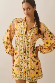 NWT Farm Rio Anthropologie Long-Sleeve Button-Front Mini Dress Yellow Motif L