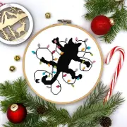 Christmas Holiday Black Cat Tangled in Lights Counted Cross Stitch Pattern