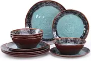 [gufaith] Melamine Dinnerware Set 12 Pcs for 4, Camping Plates and Bowls, Unbreakable, Lightweight, BPA Free, Dishwasher Safe, Blue With Brown