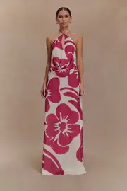 Katalina Chiffon Maxi Skirt - Red Deco Fleur Print