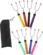 PRETYZOOM 8Pcs Rotated BBQ Forks Heat Treated Stainless Steel Roasting Sticks with Storage Bag for Camping and Barbecue Cooking