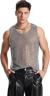 [HAVBX] Mens Sexy Silver Metallic Reflective Fishnet Tank Tops Sleeveless See Through mesh Tank Shirt,Muscle Shirt for Men